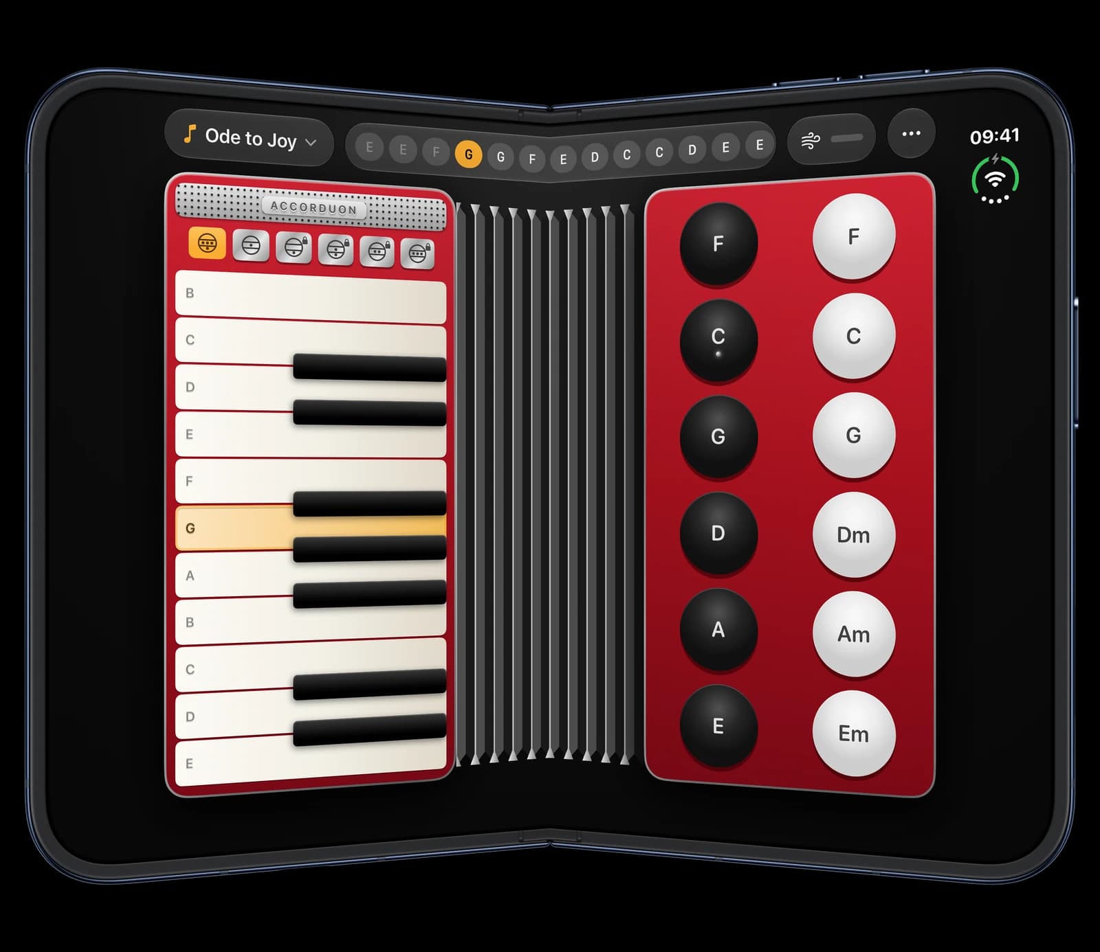 Accorduon on a slightly folded iPhone Duo: piano keys on the left, bass buttons on the right, the bellows on the fold