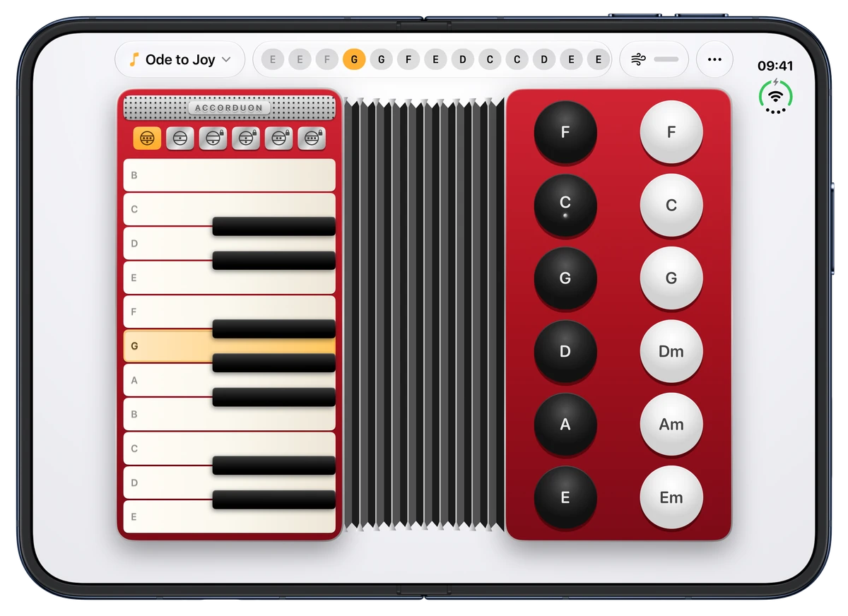 Accorduon on an unfolded iPhone Duo: bass buttons on the left, piano keys on the right, the bellows on the fold