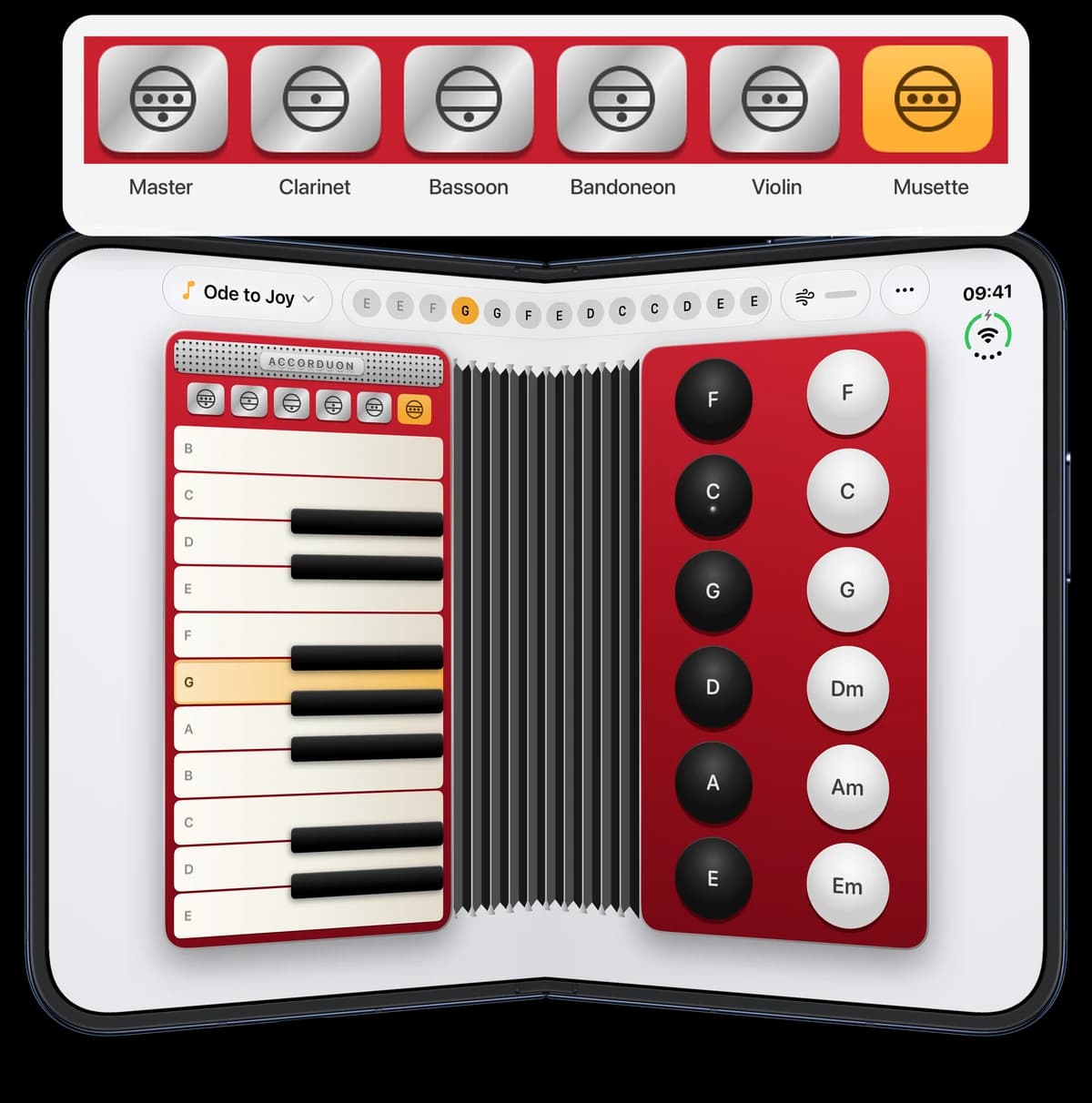 The six register switches above Accorduon on a slightly folded iPhone Duo, Musette on