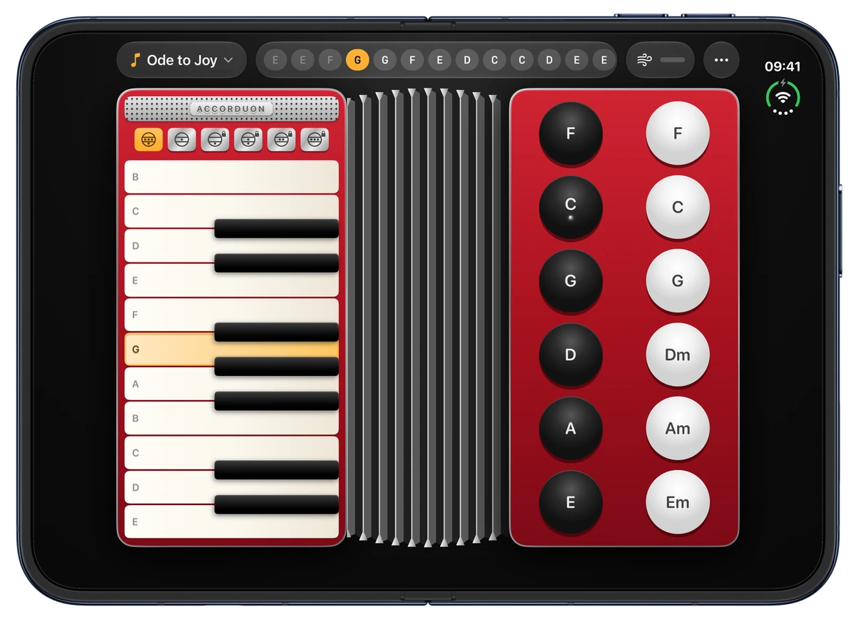Accorduon in dark mode on an unfolded iPhone Duo, the next note of Ode to Joy lit up