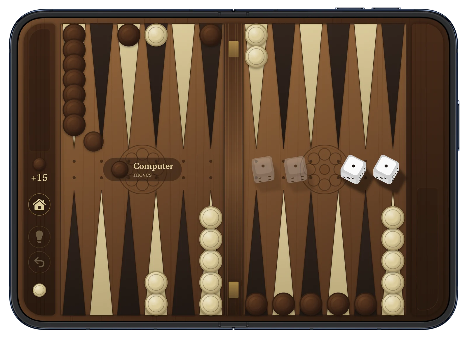Nardy on an unfolded iPhone Duo: a walnut backgammon board with the fold as the bar