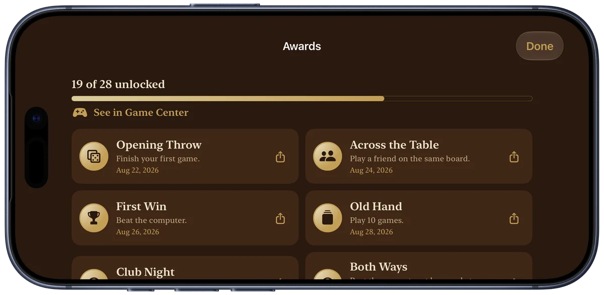 Awards screen with unlocked achievements
