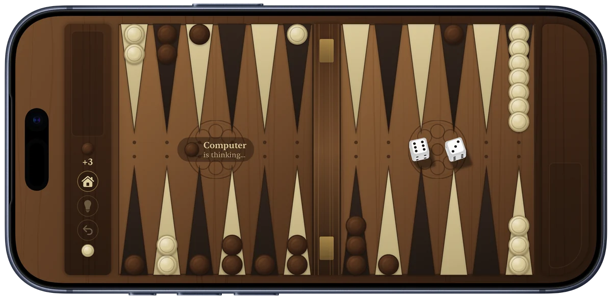 Long Narde in progress on iPhone 17 Pro, walnut board with ivory and ebony checkers