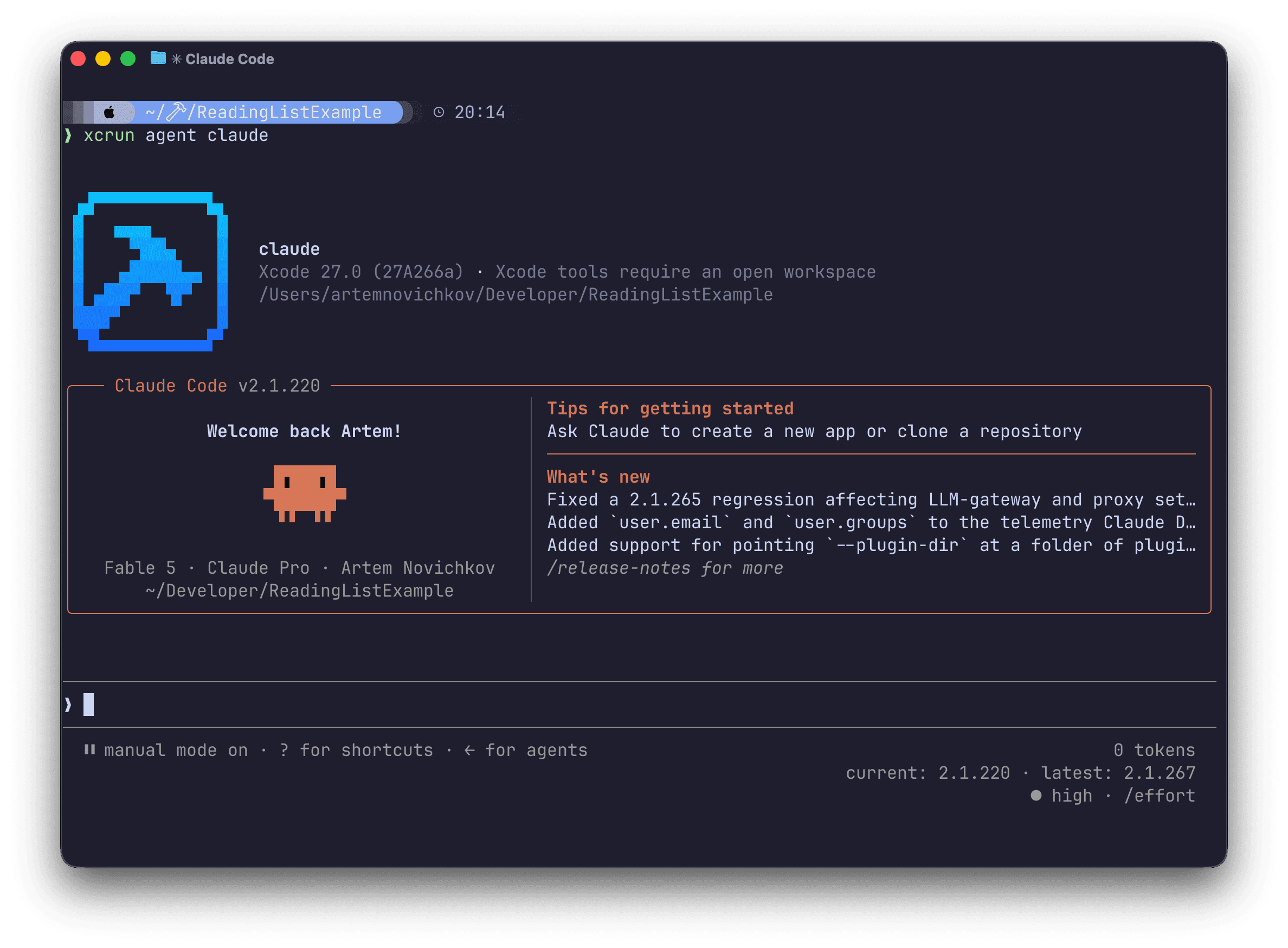Claude Code launched by xcrun agent claude