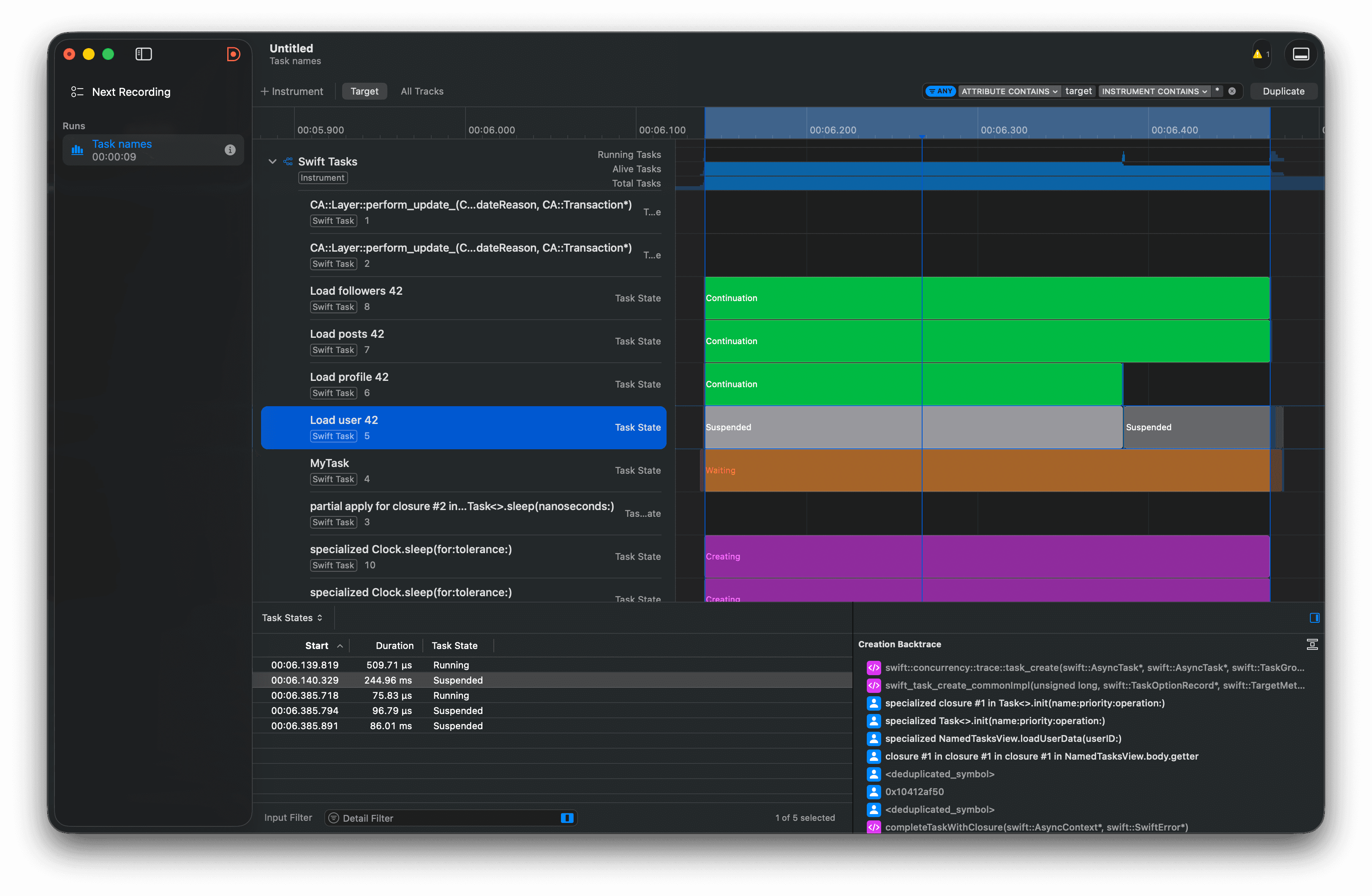Instruments Swift Concurrency template showing named task lanes