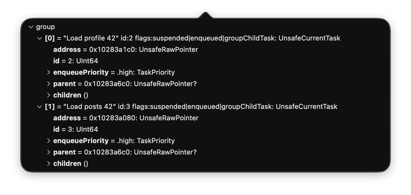 Quick Look popup for the group variable showing named task group children