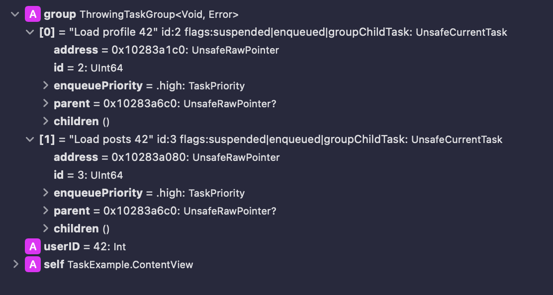 Xcode Variables View panel showing all three named task group children