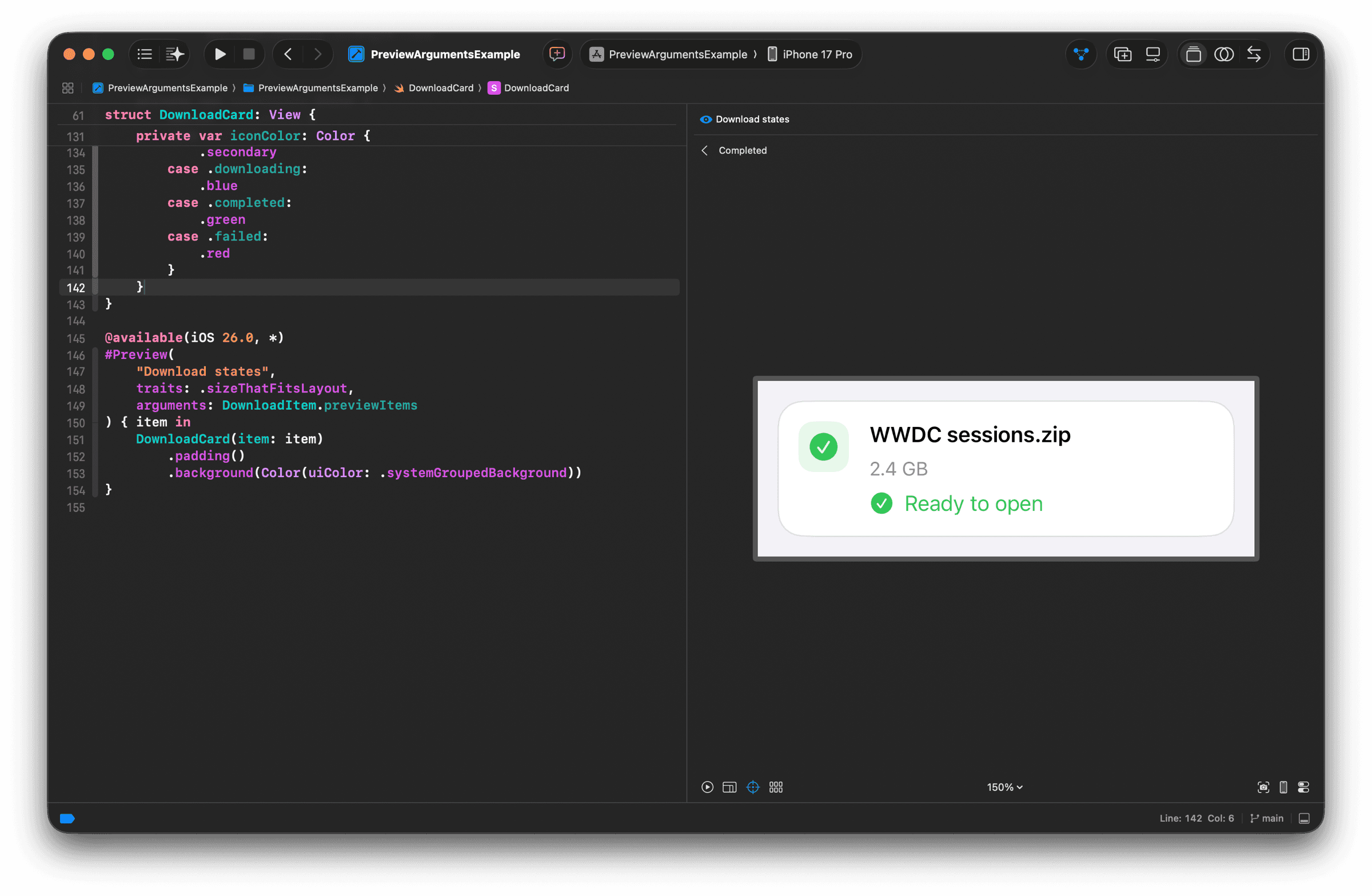 The Completed argument opened as an individual preview in Xcode