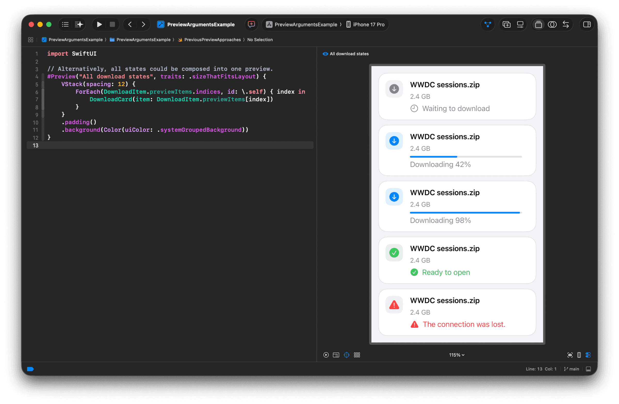 A VStack and ForEach render every state inside one preview