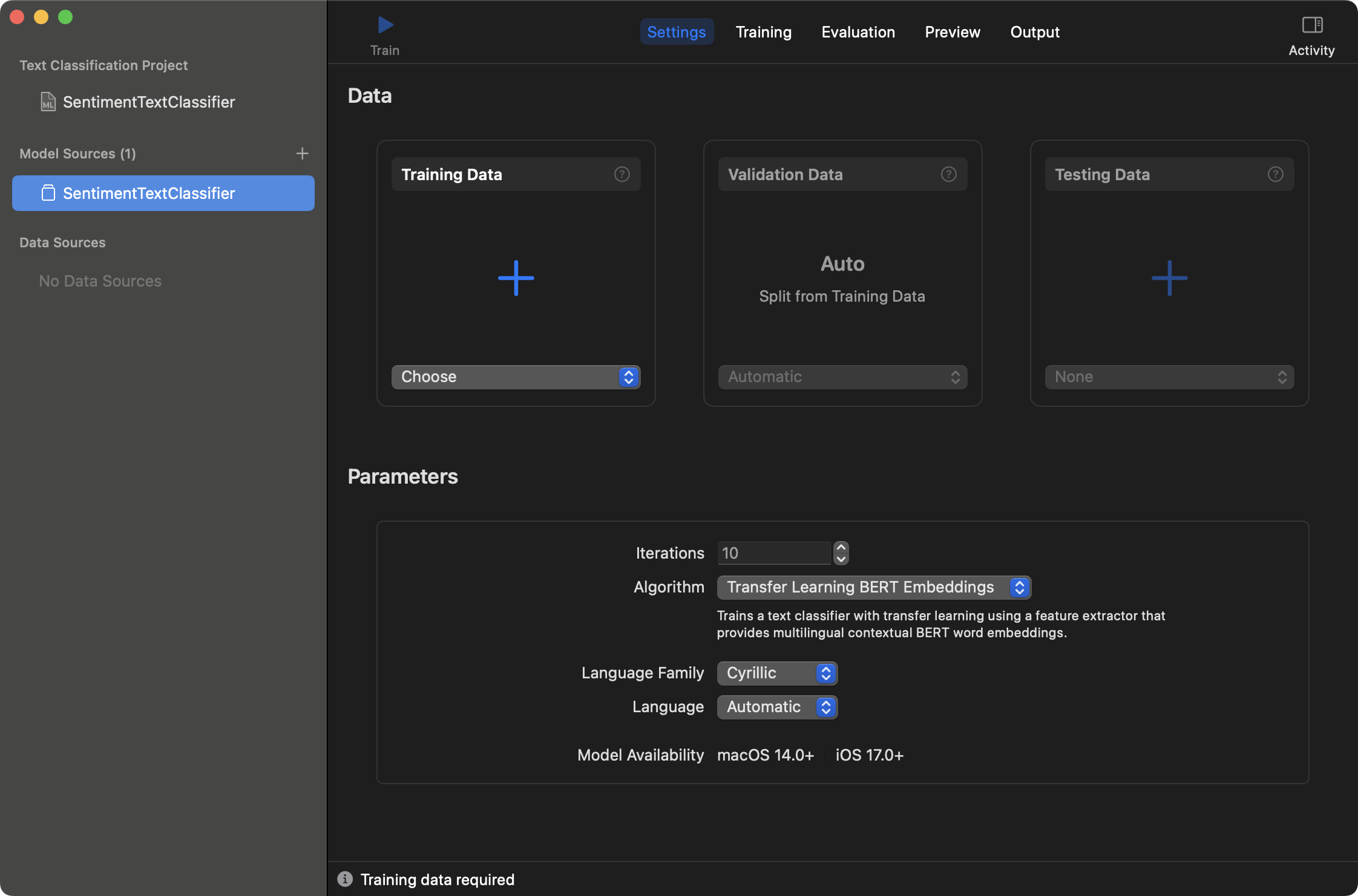 Create ML text project